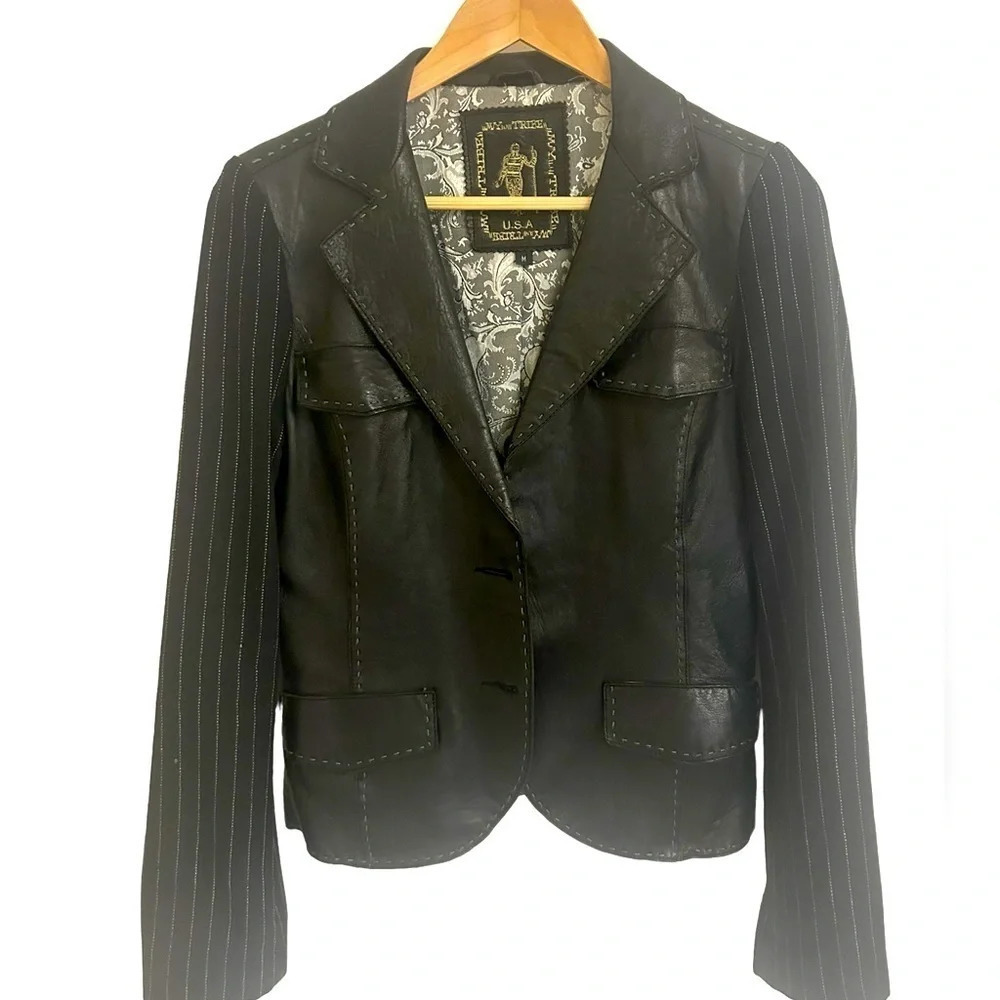 My Tribe side M  beautiful high quality leather jacket with cotton pinstriped